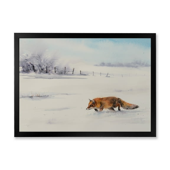 Designart 'Red Fox Running In White Snow in Countryside I' Farmhouse Framed Art Print