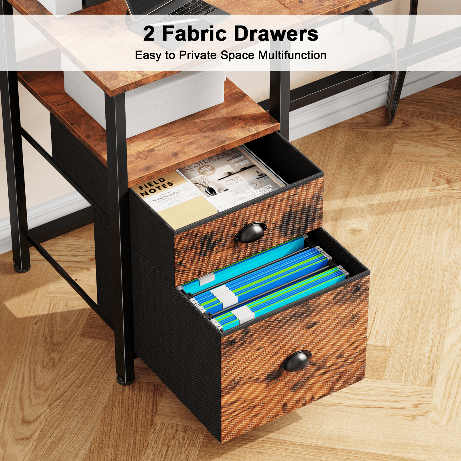 Satifur 51" Reversible 2-Tier Computer Desk with Power Outlet, LED Lights, File Cabinet & Storage Shelves,Rustic Brown