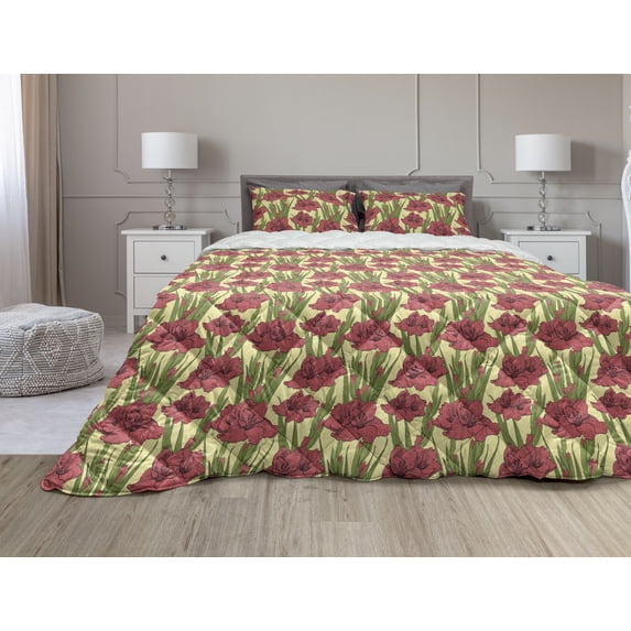 Flower Comforter & Sham Bedding Set, Hand Drawn Like Sketchy Floral Pattern of Gladiolus Spring Season Blooms, 3 pcs Duvet Set Microfiber Filling Quilt, 5 Sizes, Yellow Coral and Green, by Ambesonne