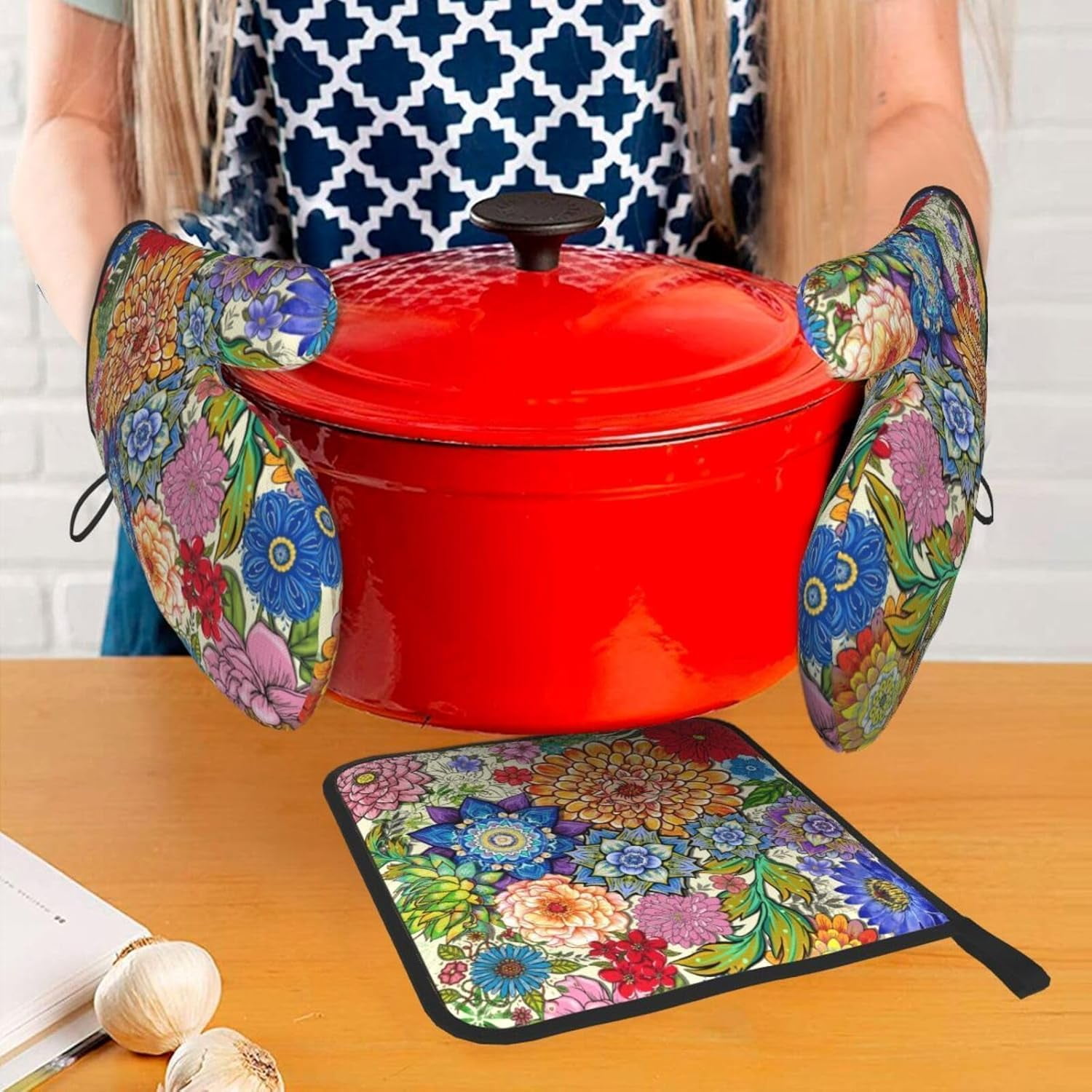 Boho Floral Oven Mitts and Pot Holders Sets of 3, Colorful Flowers Heat Resistant Kitchen Gloves Hot Pads, Chef Baking Gifts for Baker Women Mom Wife, Kitchen Gifts for Cooking Lover Cooks Hostress