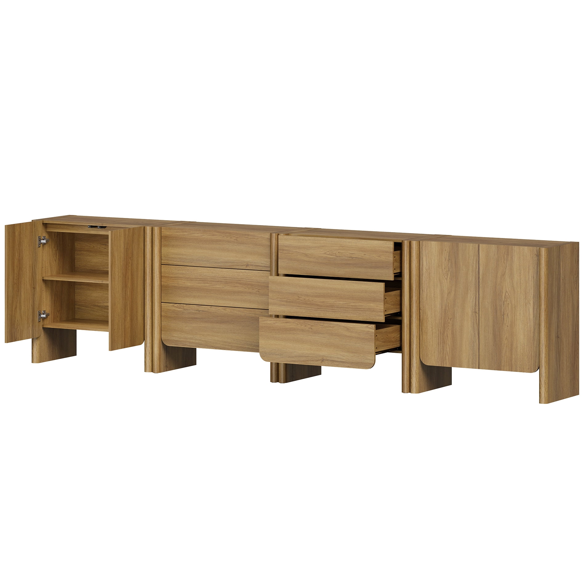 Modern French TV Stand, 126-Inch 4-Piece Media Console with 4 Doors and 6 Drawers, Supports TVs up to 130 Inches, Walnut