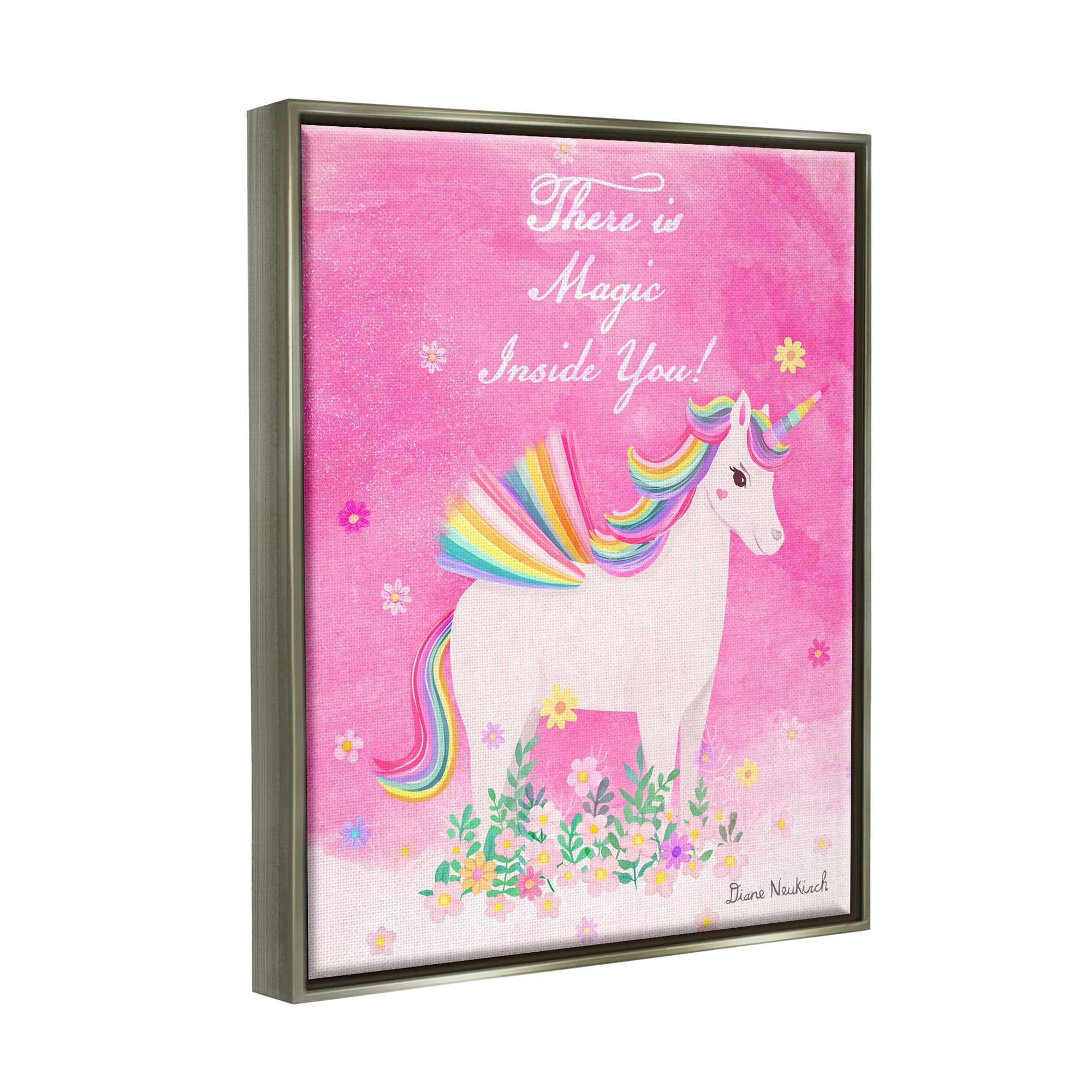 Stupell Industries Magic Inside You Motivational Unicorn Quote Botanical Blossoms Graphic Art Luster Gray Floating Framed Canvas Print Wall Art, Design by Diane Neukirch