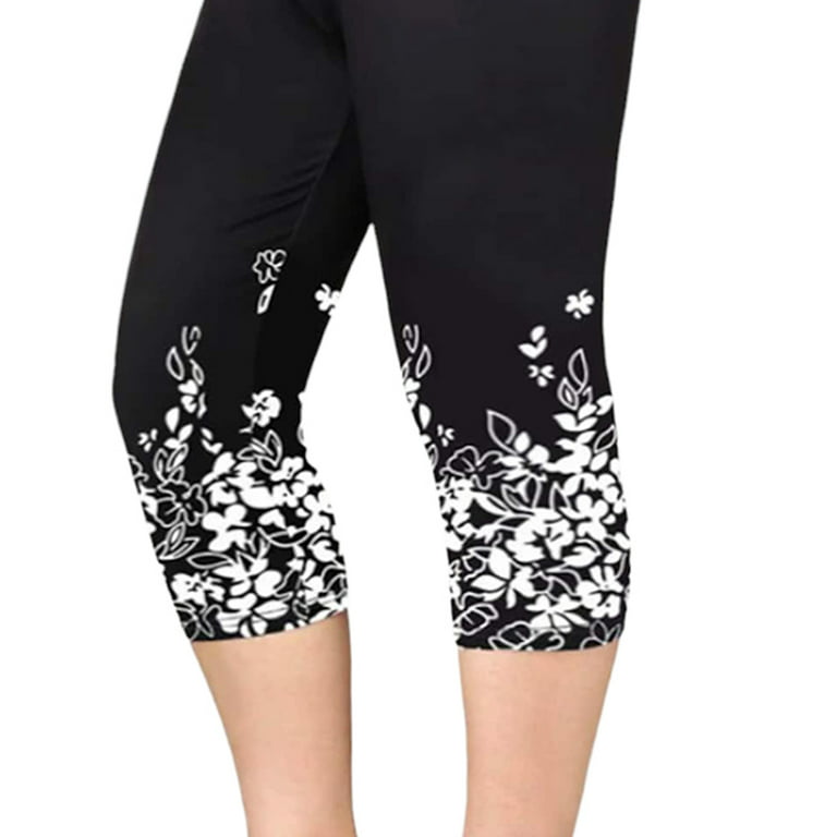 Keeccty Women Plus Size Elastic Waist Leggings Floral Printed Skinny Calf- Length Pants 