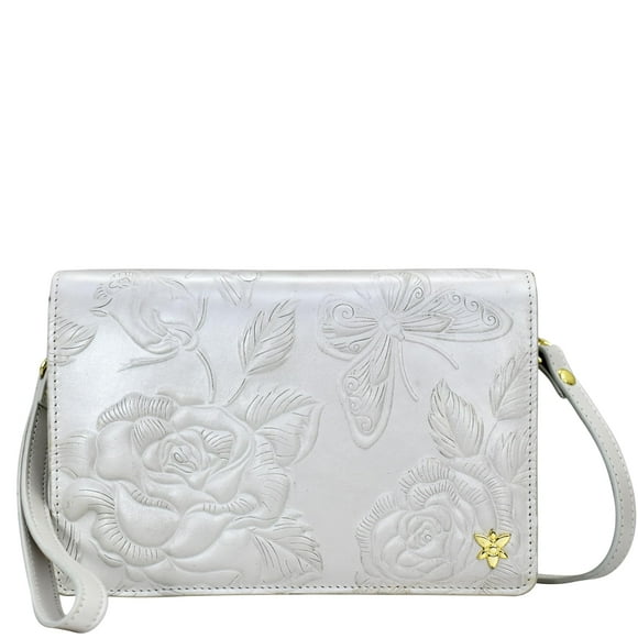 Anuschka Women’s Genuine Leather 4 IN 1 Organizer Crossbody| Hand Painted Original Artwork | Tooled Rose Pearl White