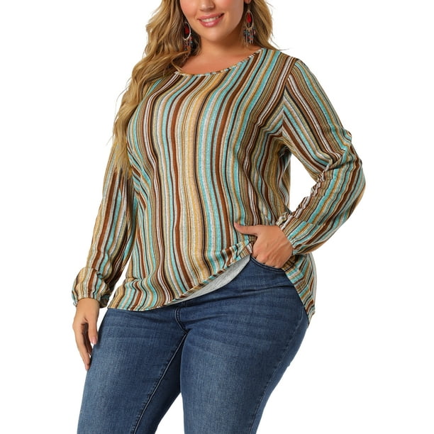 Women's Plus Size Blouse Colorful Round Neck Elastic Cuff Long Sleeve Stripe Top Multicolor 4X