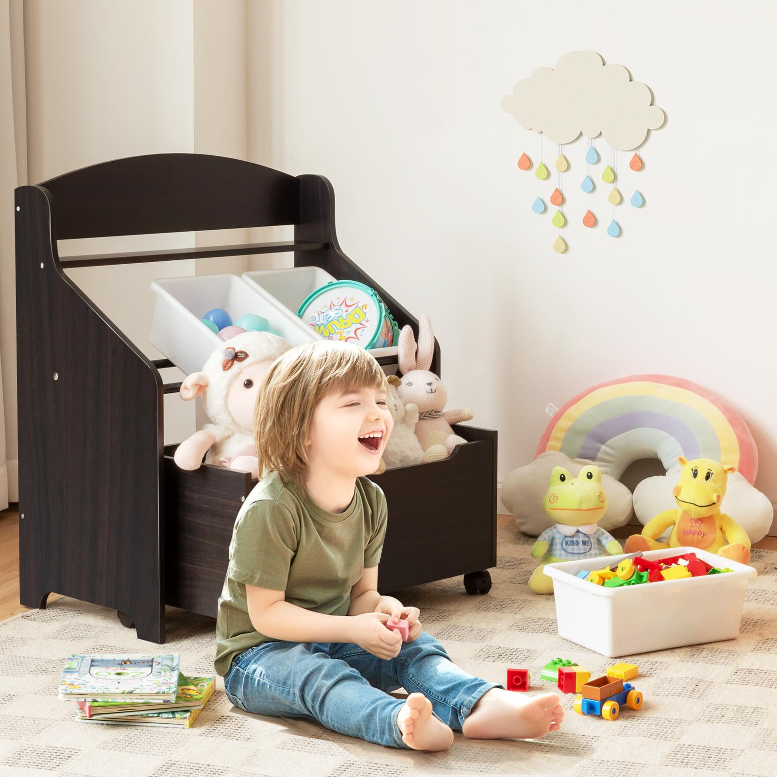Giantex Wooden Kids Toy Storage Organizer, Toddler Furniture Storage Unit w/Wheels for Child's Bedroom Playroom, Espresso