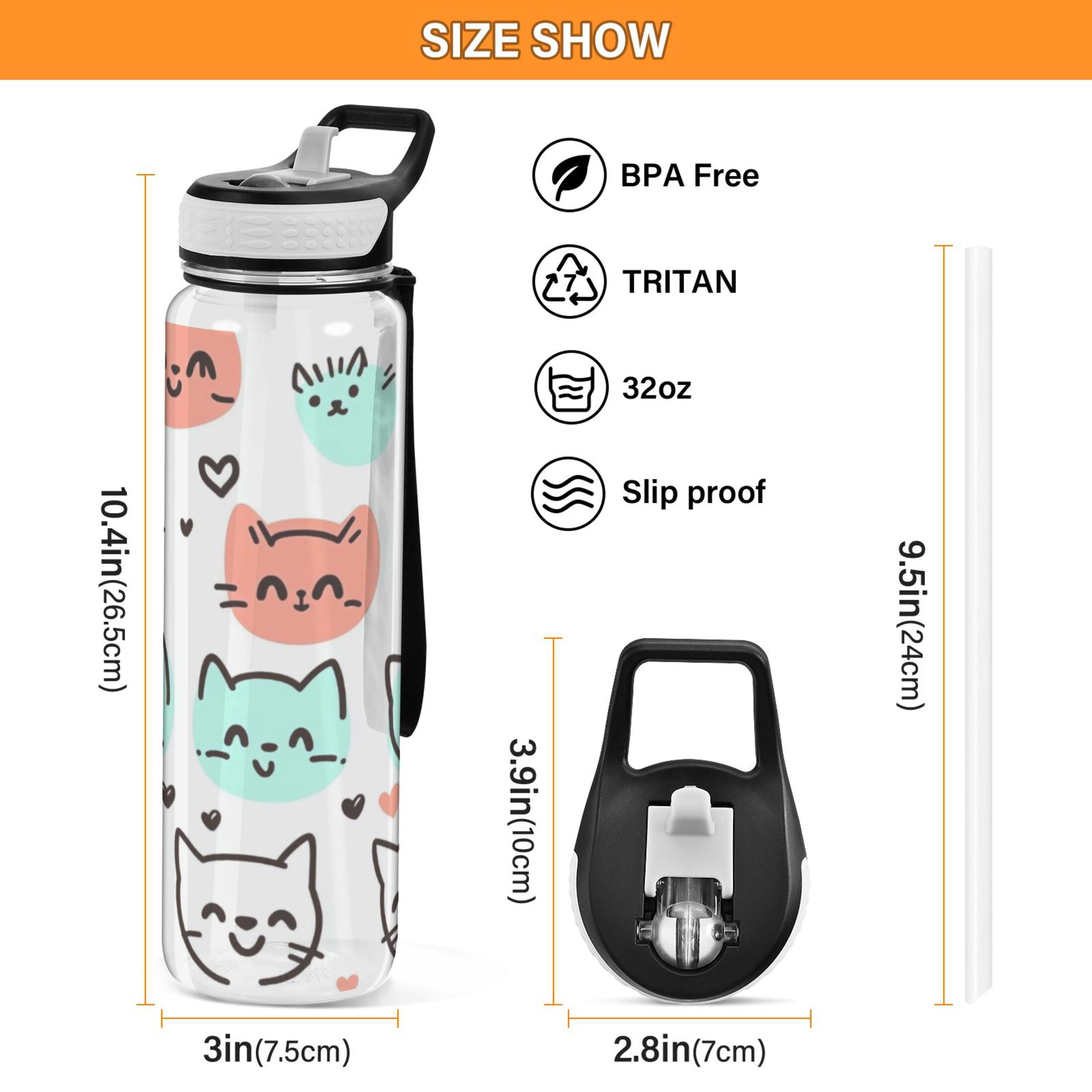 Whimsical Kittens 1000ml Tritan Sport Bottle Straw LeakProof Food-Grade Portable Wide Handle