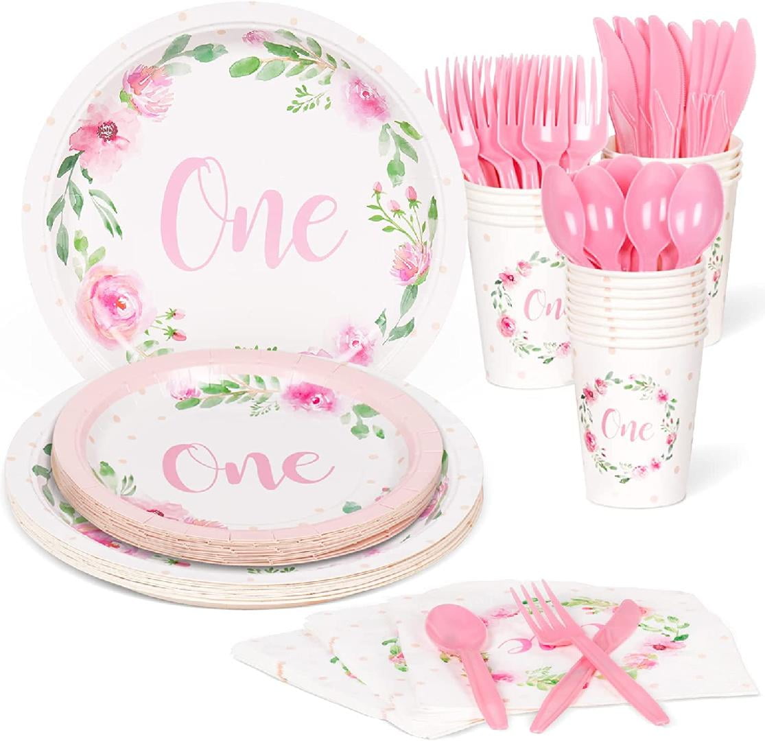 First Birthday Plates and Napkin Sets for Girl Serves 16, One Birthday