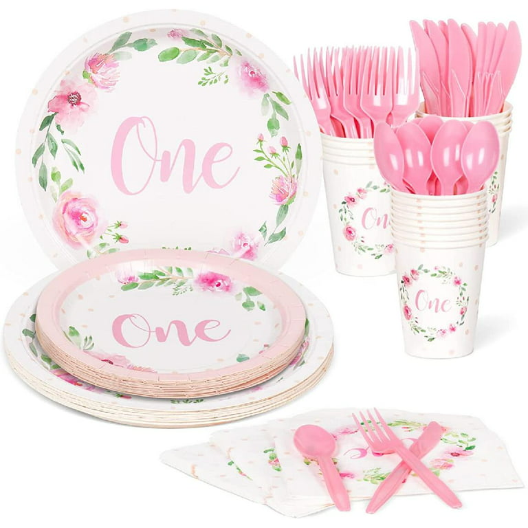  DECORLIFE Floral Plates and Napkins Serves 24, Pink