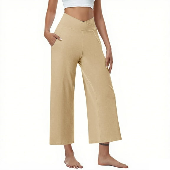 Enjoytime Women's Pants Solid Color Elastic Waist Sweatpants Casual Loose Lounge Workout Trousers with Pockets Plus Size Pants for Women Beige S