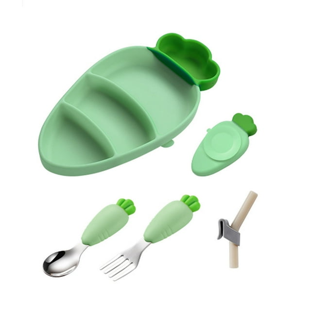 Silicone Baby Feeding Set, 4.92*9.45 Inch Baby Led Weaning Supplies Set, Suction Baby Plate Bowl Set with Bib Spoon Fork Sippy Cup, Baby Feeding Eating Supplies Set BPA Free