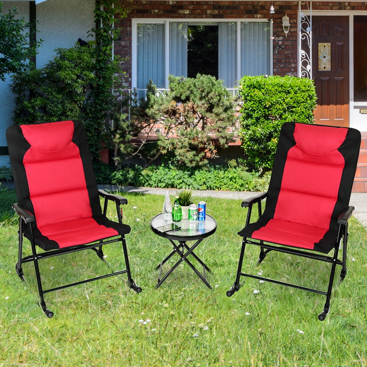 Goplus Red 3-Piece Outdoor Folding Rocking Chair Table Set Bistro Sets