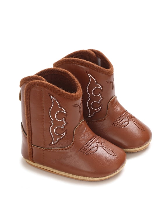 Infant Toddle Baby Cowboy Cowgirl Boots Western First Walker Shoes Boys Girls PU Leather Round Toe Boots Winter All Seasons for 0-18M