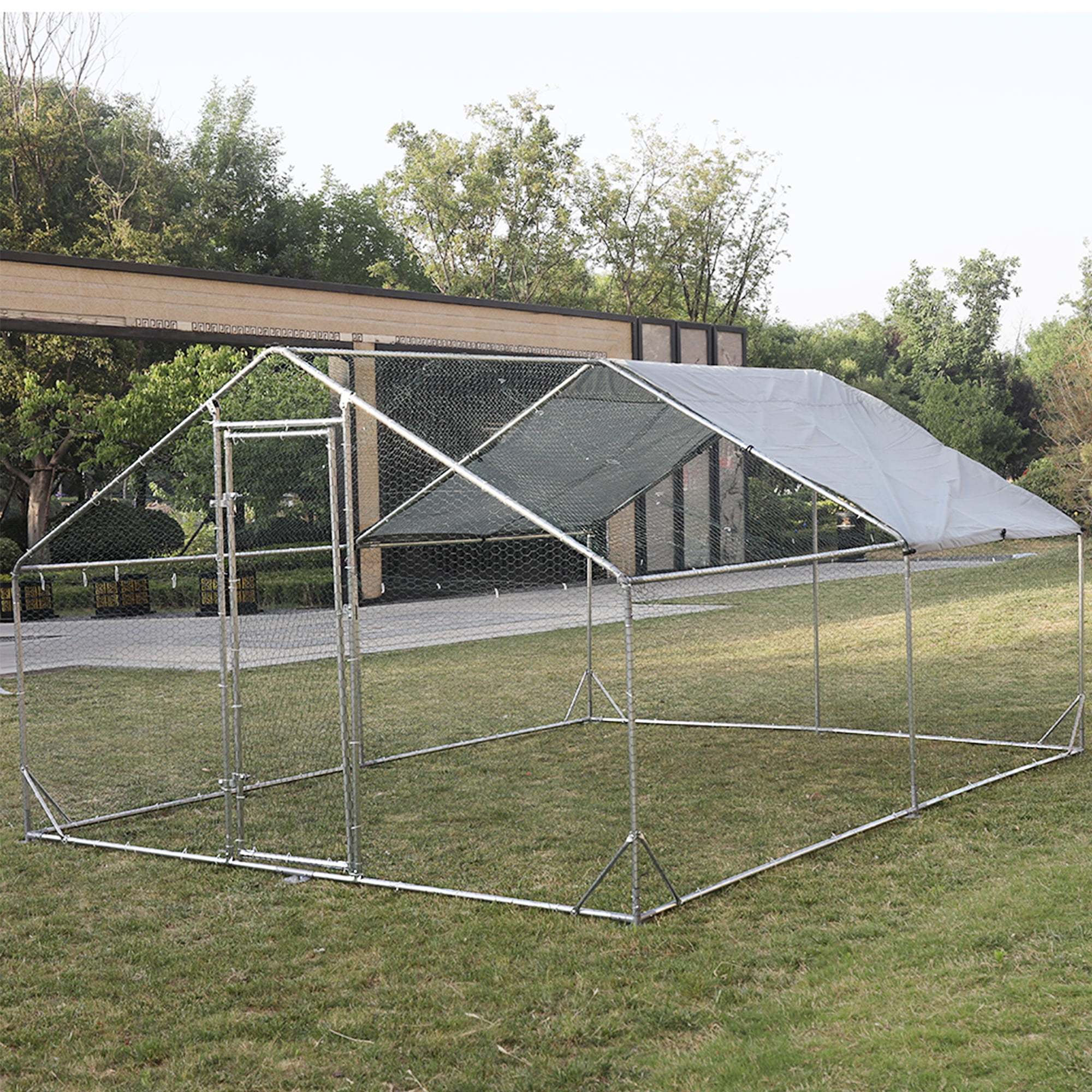 Pefilos 13'L Outdoor Large Chicken Coop, Walk-in Metal Poultry Cage Hen Run House Rabbits Habitat Pen with Waterproof and Anti-Ultraviolet Cover, Silver