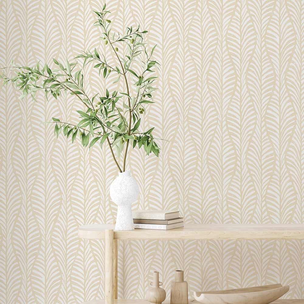Tempaper Block Print Leaves White Clay Peel and Stick Wallpaper, 20.5" x 16.5'