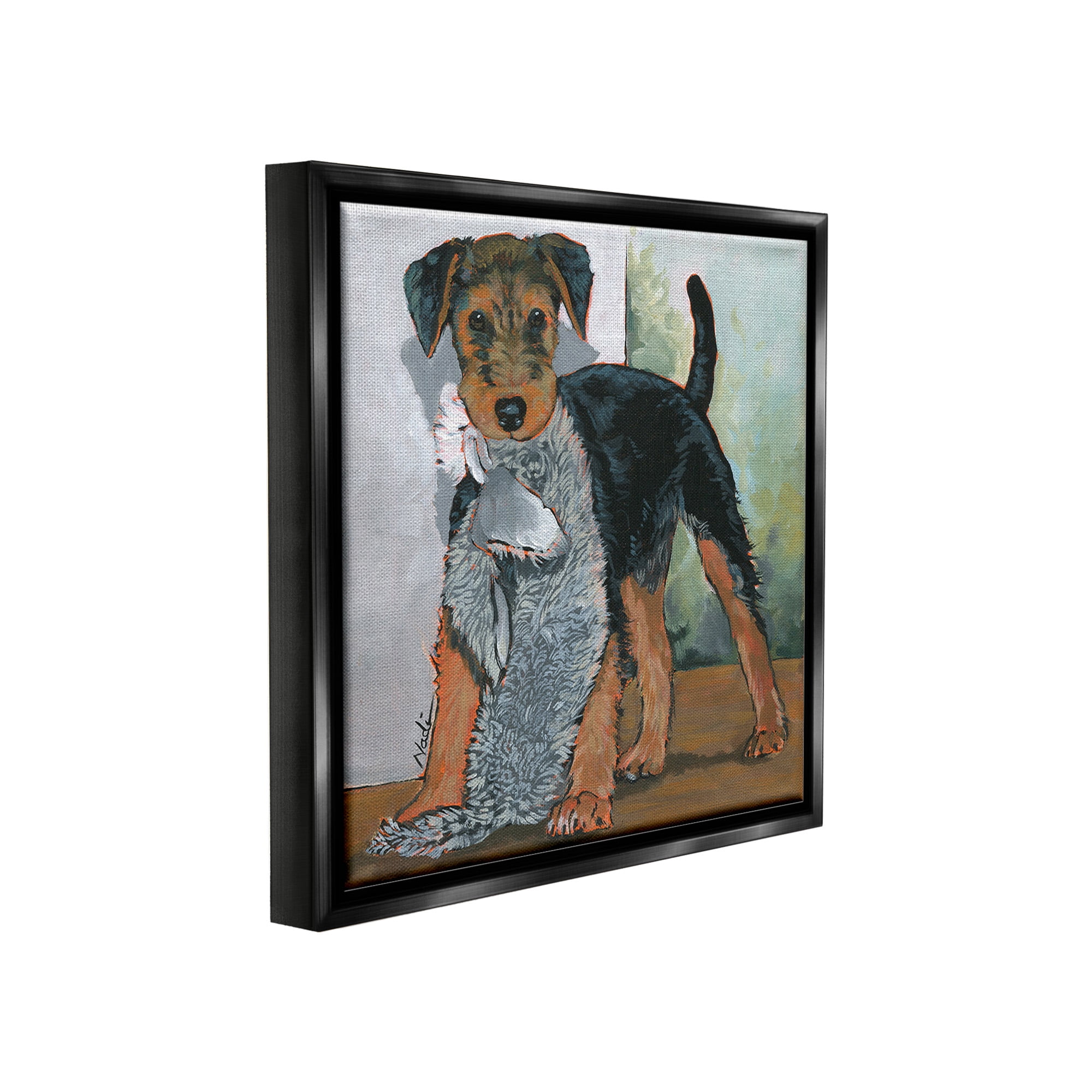 Stupell Industries Terrier Dog with Toy Animals & Insects Painting Black Floater Framed Canvas Art Print Wall Art, 25 x 25