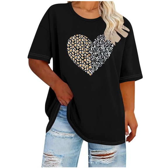 Valentines T Shirts for Women Plus Size Heart Cute Graphic Tee Tops Crew Neck Valentine's Day Gift Shirts, 4XL Black