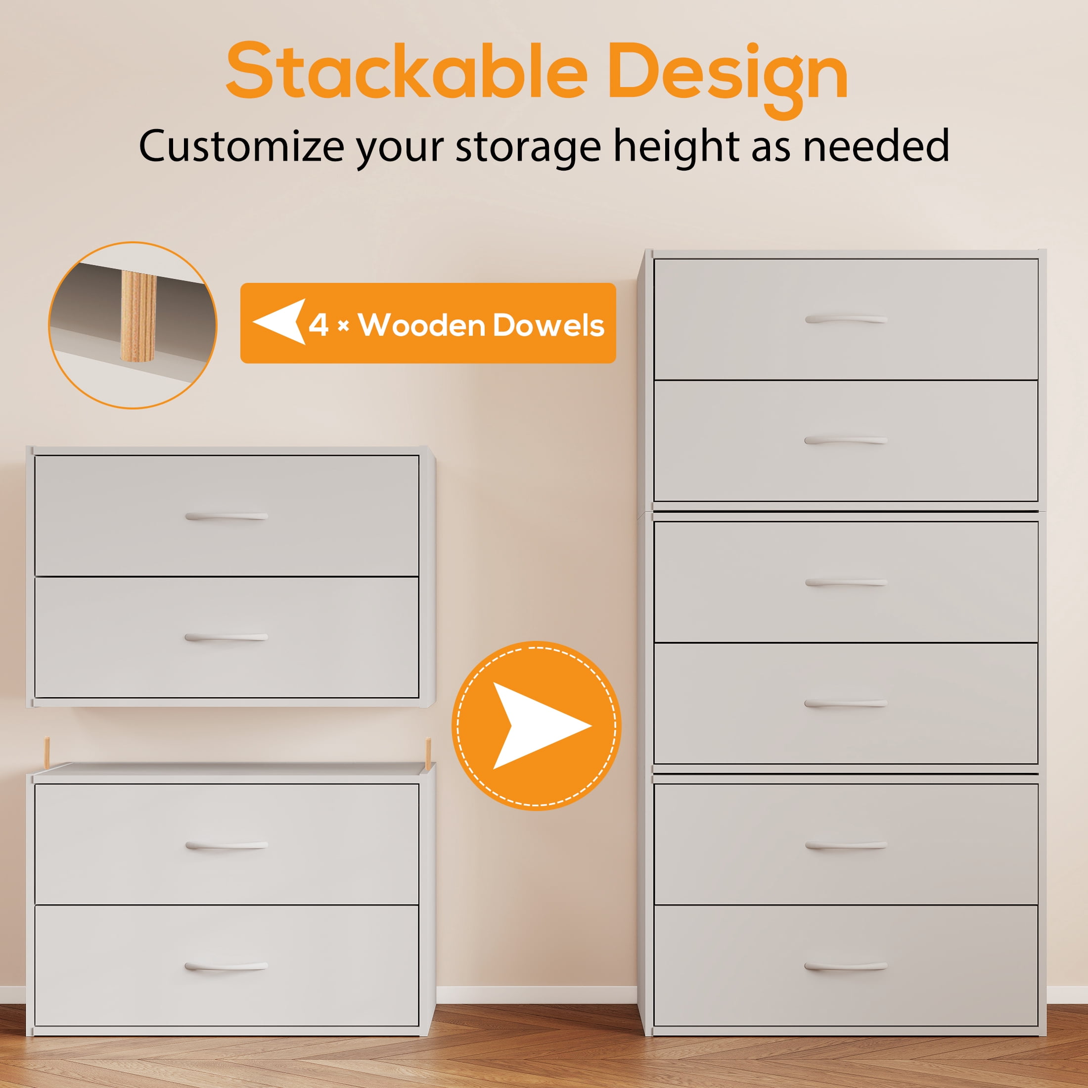 Prilinex 2 Drawer Dresser for Bedroom Set of 2, White Dresser Double Chest of Drawers, Stackable Modern Wood Dressers with Anti-Tip for Closet Storage, Living Room