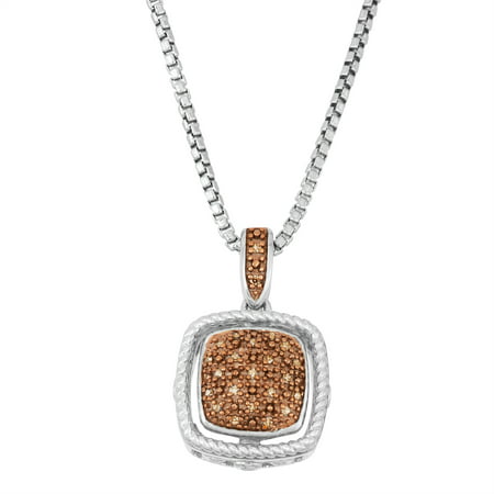 Beaux Bijoux Sterling Silver Two-Tone White & Chocolate Diamond Square Pendant with 17 + 3 Chain .05 cttw