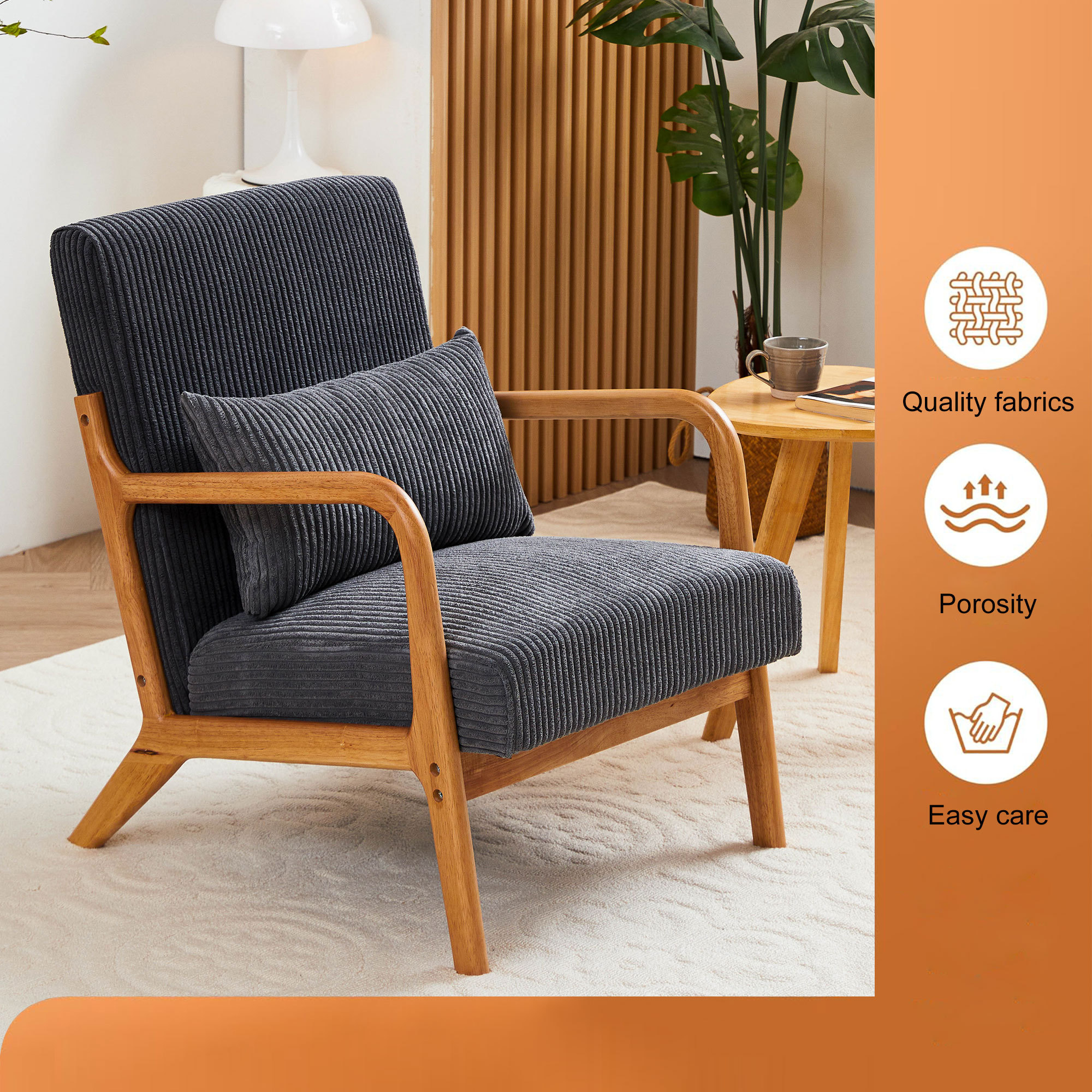 Leumius Modern Arm Chair Upholstered Reading Accent Chair with Pillow & Solid Wood Frame for Living Room Bedroom,Dark Grey 02