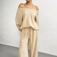 thumbnail image 5 of VV AVEORS Women 2 Piece Outfit Matching Sweat Sets Off The Shoulder Knit Set Lounge Top Wide Leg Sweatpants Tracksuit Beige XL, 5 of 7