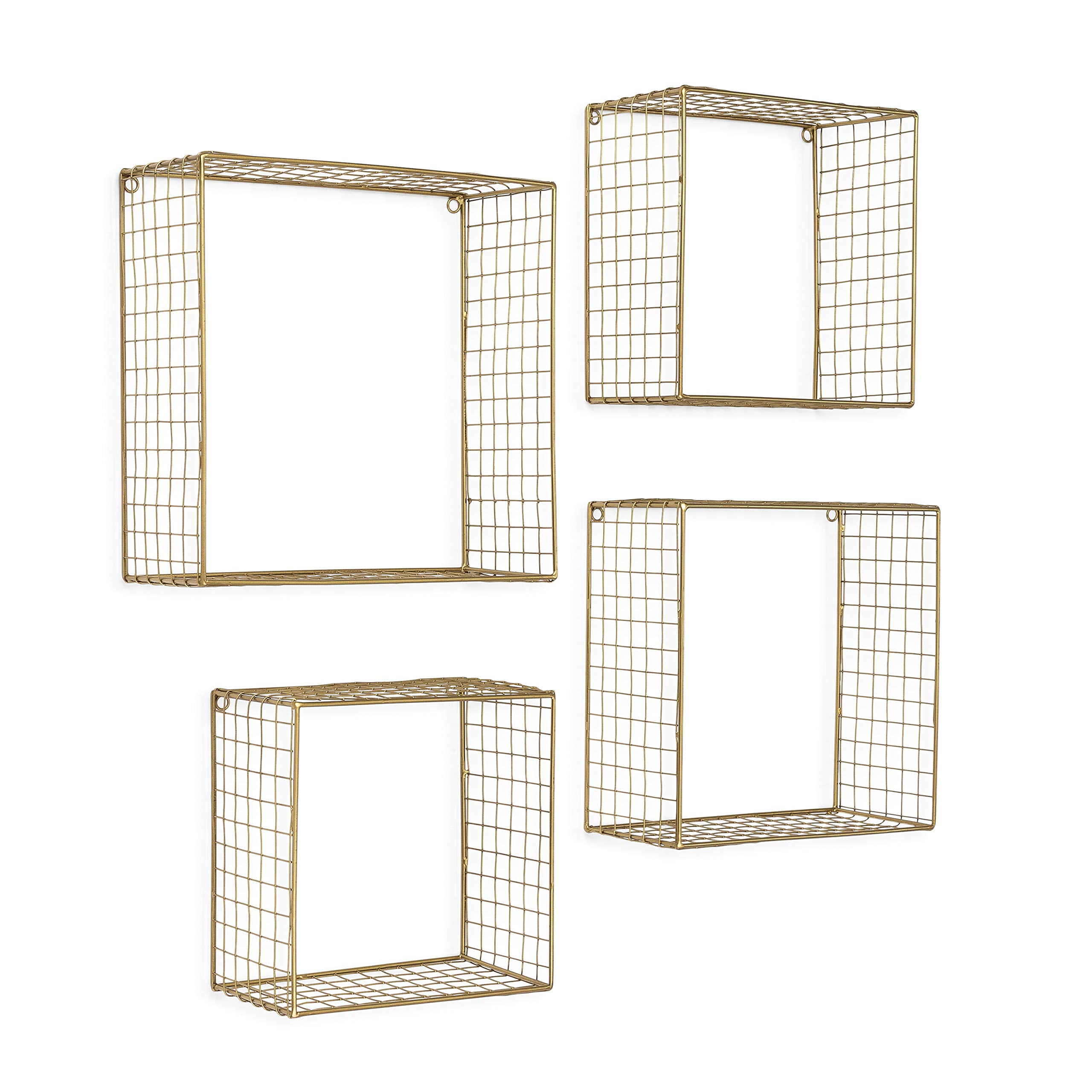 Set of 4 Metal Gold Wall Shelves, Decorative Wire Large Square Shelf, Free Floating Mesh Shelves, Industrial Style Deep Shelving, 14, 12, 11, 9 Inch Long