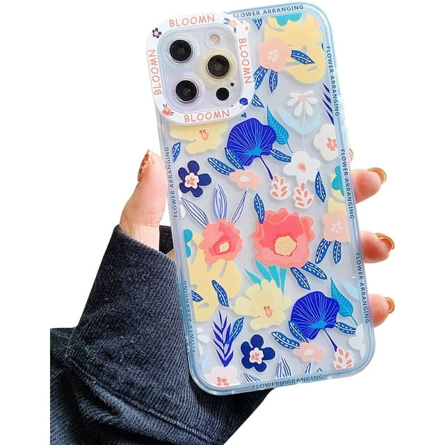 Compatible with iPhone 13 Phone Case Cute Elegant Flower Transparent Phone Case for Women Soft Silicone Shockproof Camera Protection Clear Cover Bumper(Blue)