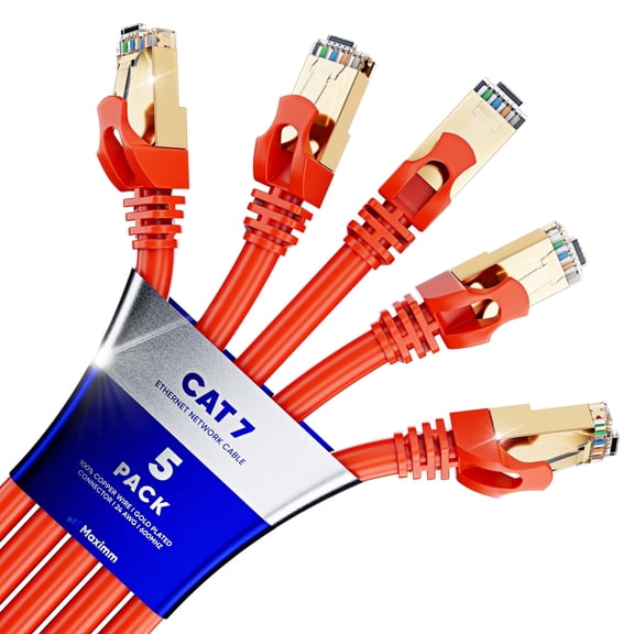 Cat 7 Ethernet Cable 12 ft - (5 Pack) High-Speed Cat7 Internet & Network LAN Patch Cables, RJ45 Connectors - Perfect for Gaming, Streaming, and More (Orange)