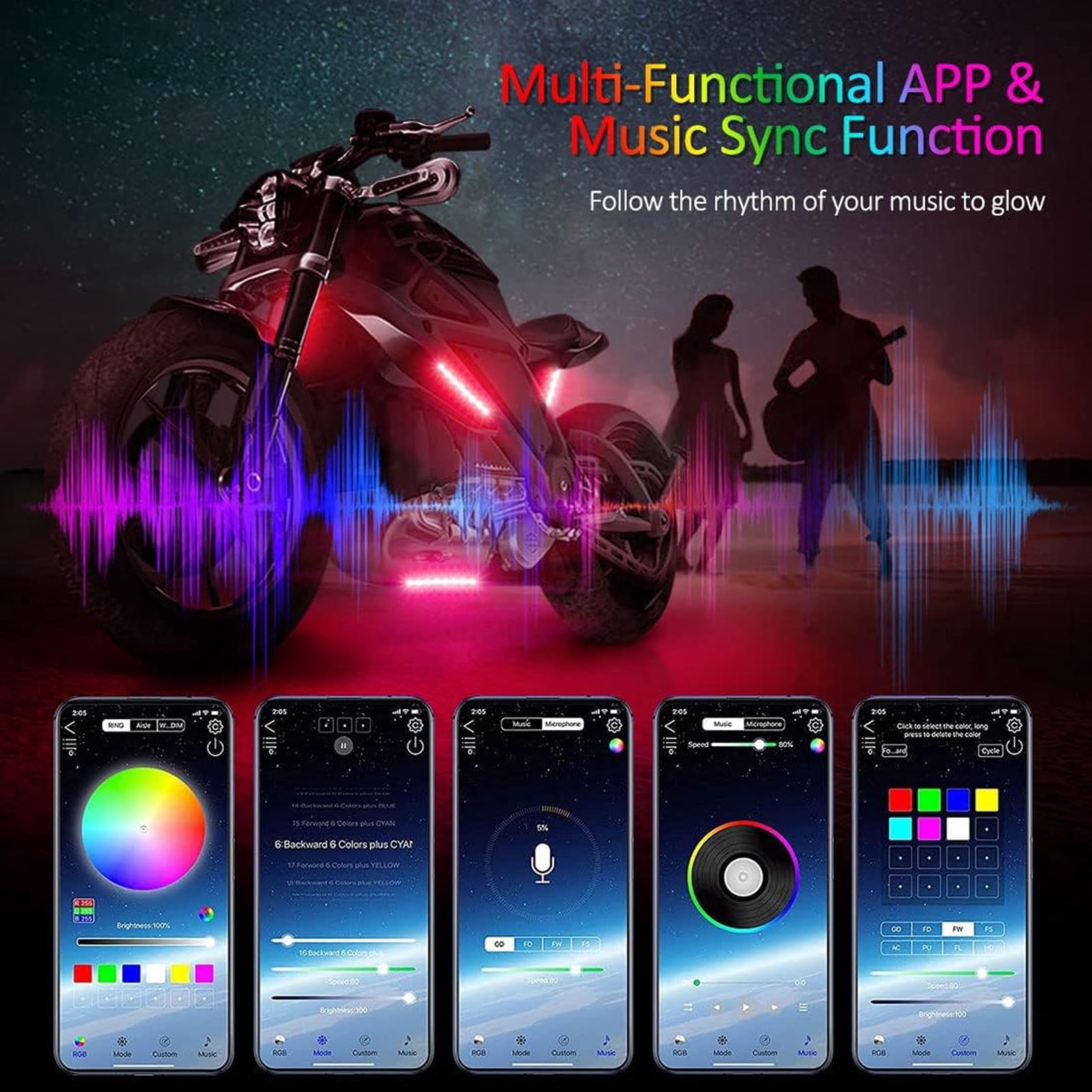 AUTOXBERT 12PCS Motorcycle Underglow RGB LED Strip Motorcycle Light Kit Bluetooth APP Control Waterproof (6.8/8.9/12.8 in)