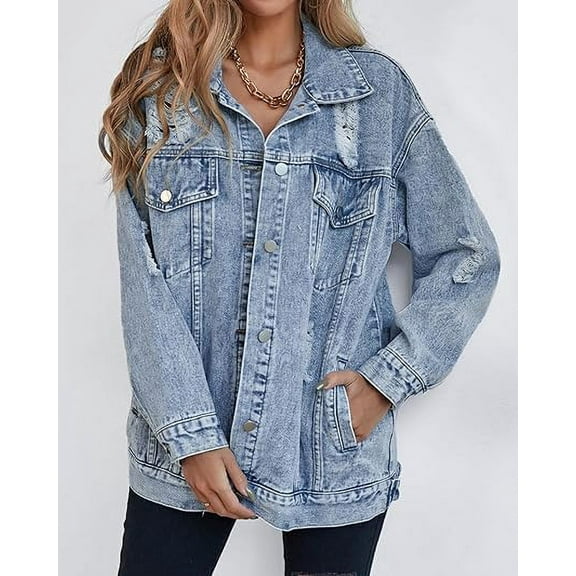 Women's Long Oversized Denim Jacket Boyfriend Ripped Vintage Denim Jacket Coat