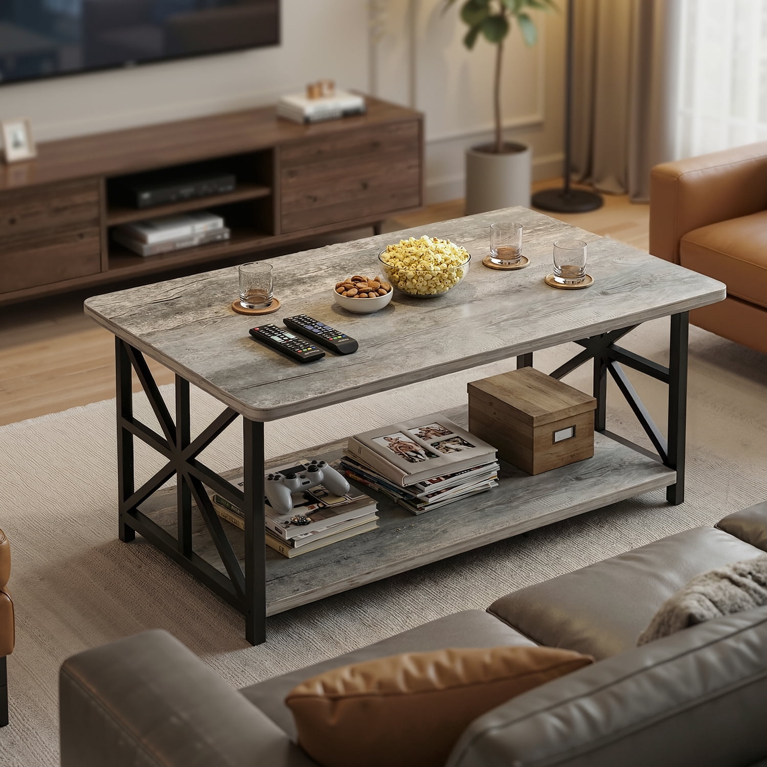 Lamerge Coffee Table with Round Corners, 2 Tier Coffee Table with Storage Shelf, Rectangular Center Table for Living Room Modern Style, Marble Tea Table 39.37 × 21.65 Inches, Easy to Assemble, Grey
