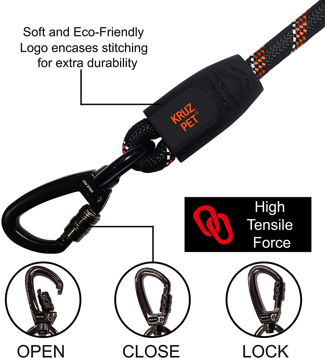 Security Heavy-Duty Running and Pet Training and Comfort Kruz Reflective Dog Leash -KZROPE5048/5060 Control Safety Walking Soft Silicone Grip with Click & Lock Snap Durable Rope 