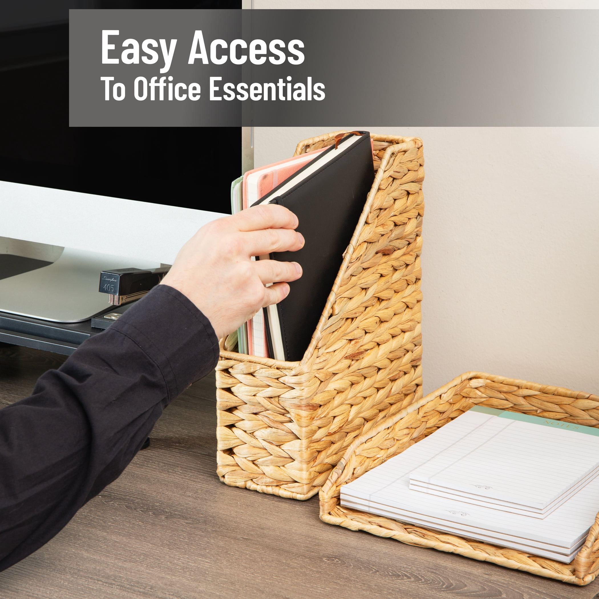 Mind Reader Rattan Vertical File Organizer with Iron Frame, Holds Letter Size Documents, Brown