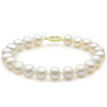 Devuggo 14K Solid Yellow Gold Freshwater Cultured White Pearl Strand 7.5 Bracelet 7.0-7.5mm Round AAA Quality