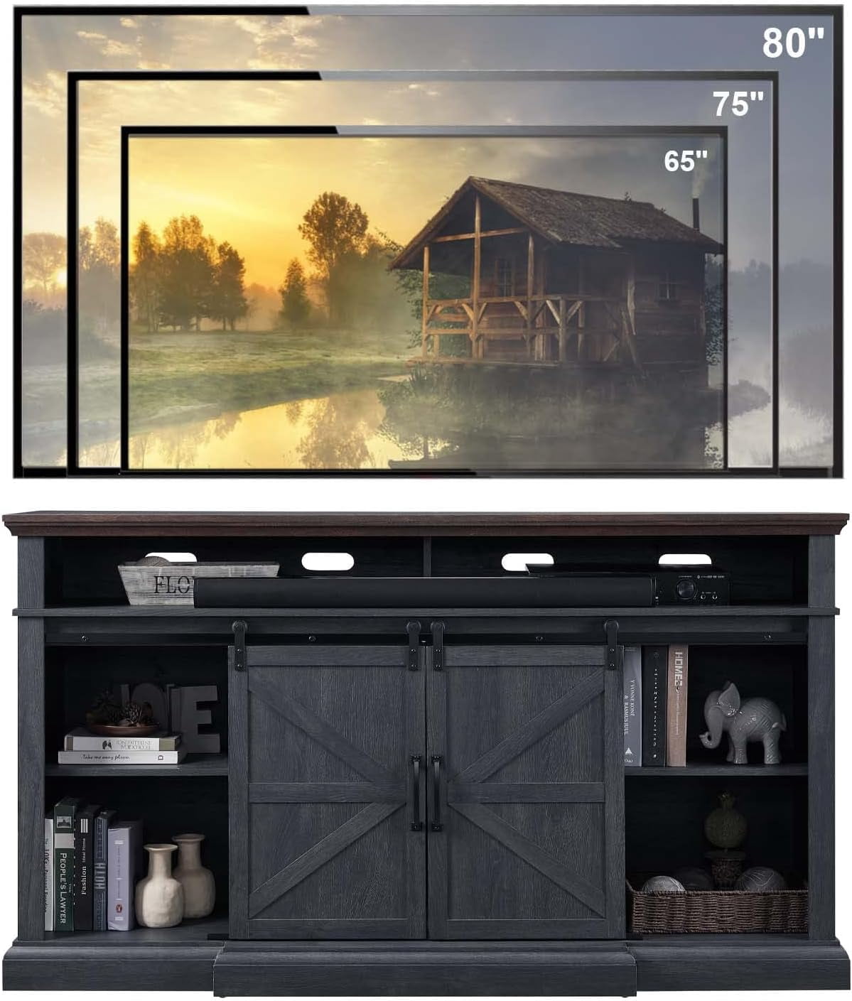 SinCiDo 37" Tall Entertainment Center, Farmhouse TV Stand for 80 Inch TVs w/Double Sliding Barn Door, Media Console Cabinet and Adjustable Shelves