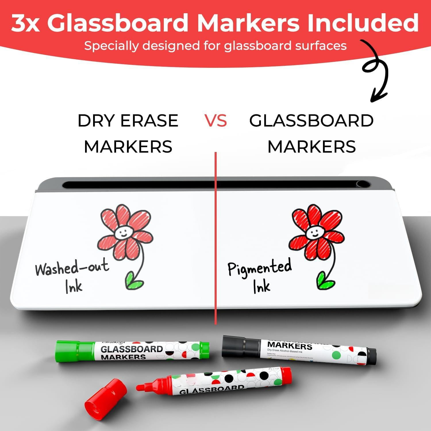 Glass Desktop Whiteboard With Storage - Dry Erase Board  Work Desk Organizers Computer Stand Home Office Accessories Small White Workspace Buddy + 3 Markers