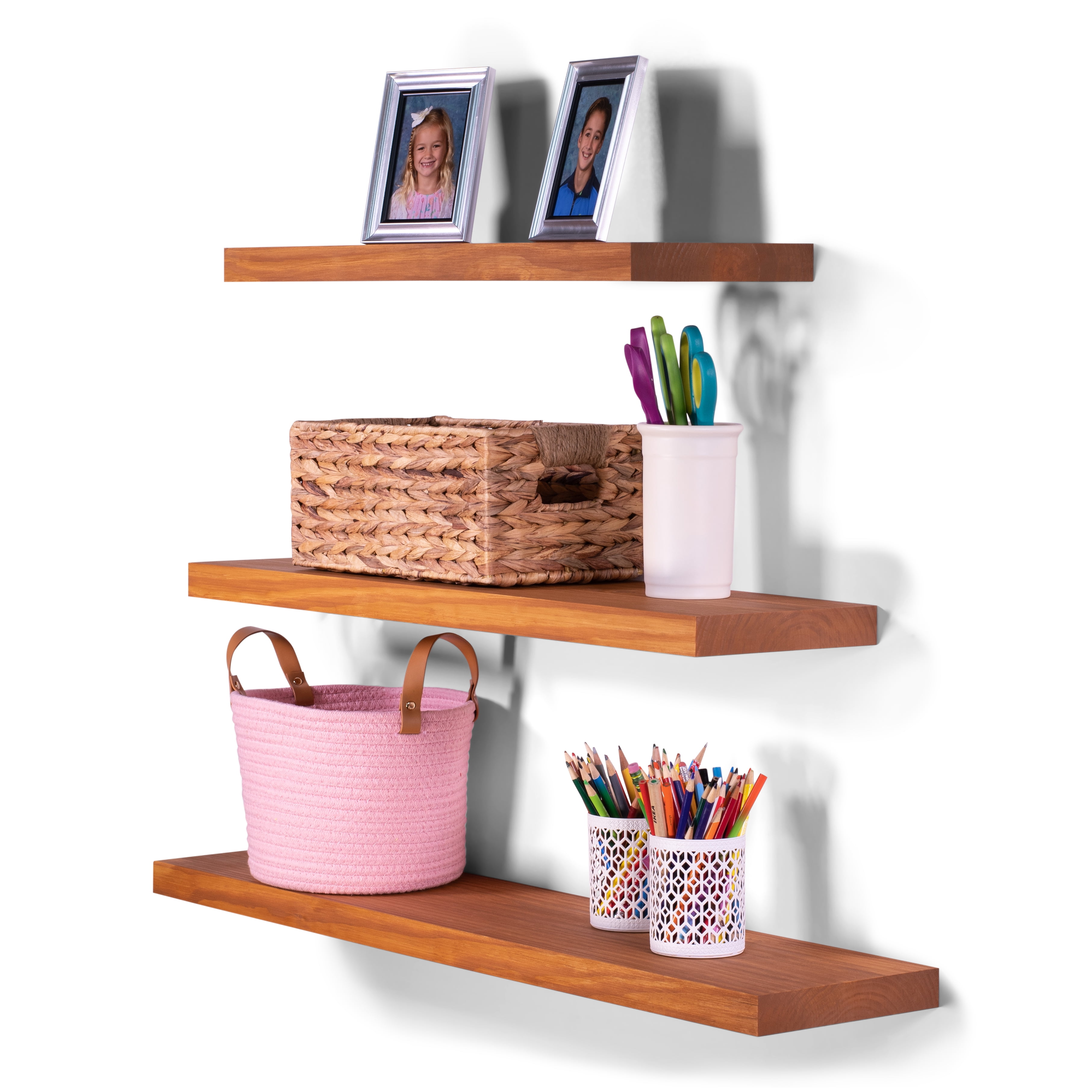 8" Deep Clean Edge Pine Floating Shelves 24" 30" 36" (Set of 3) (Autumn