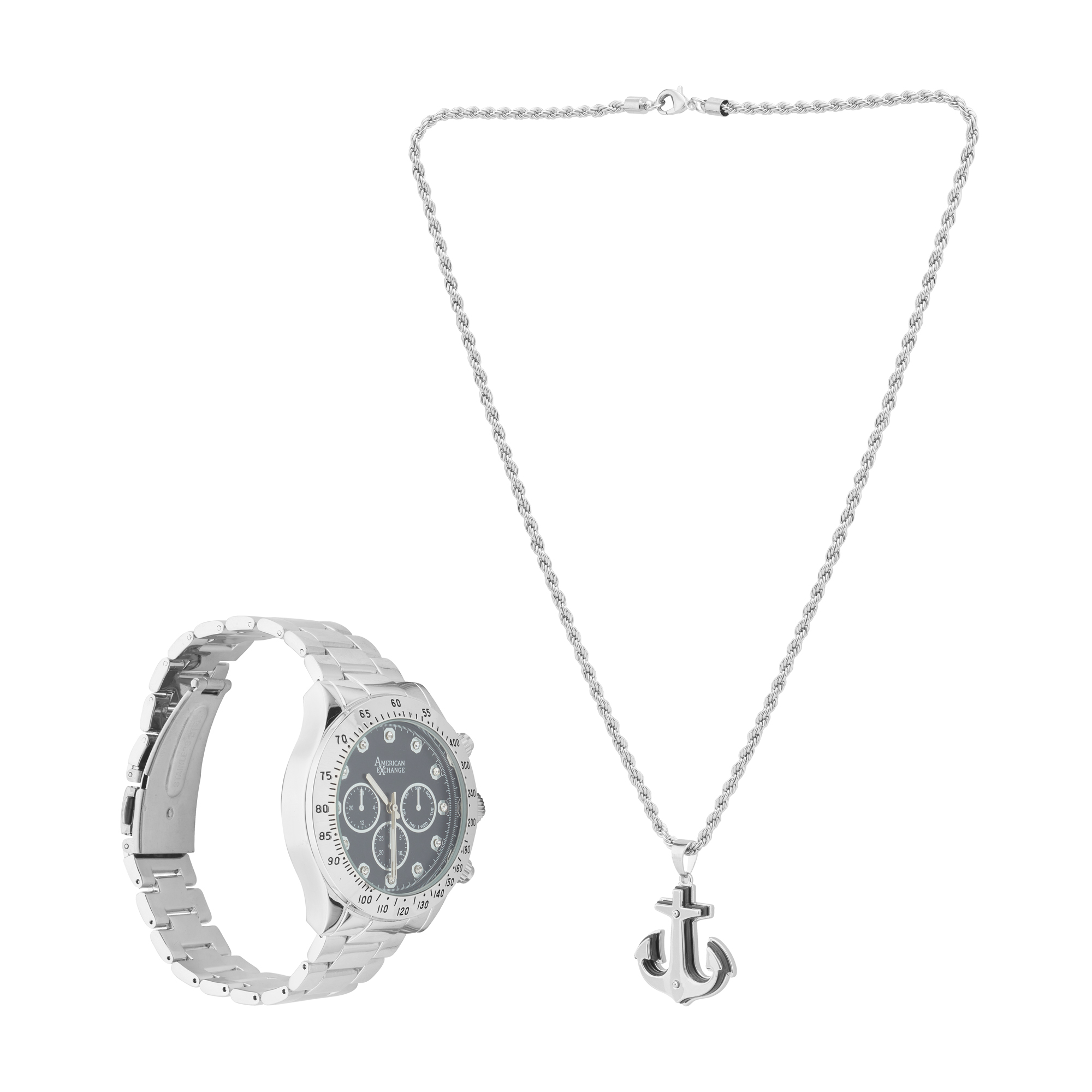 American Exchange Men's Analog Silver Tone Metal Strap 46mm Watch w/ Anchor Pendant Necklace