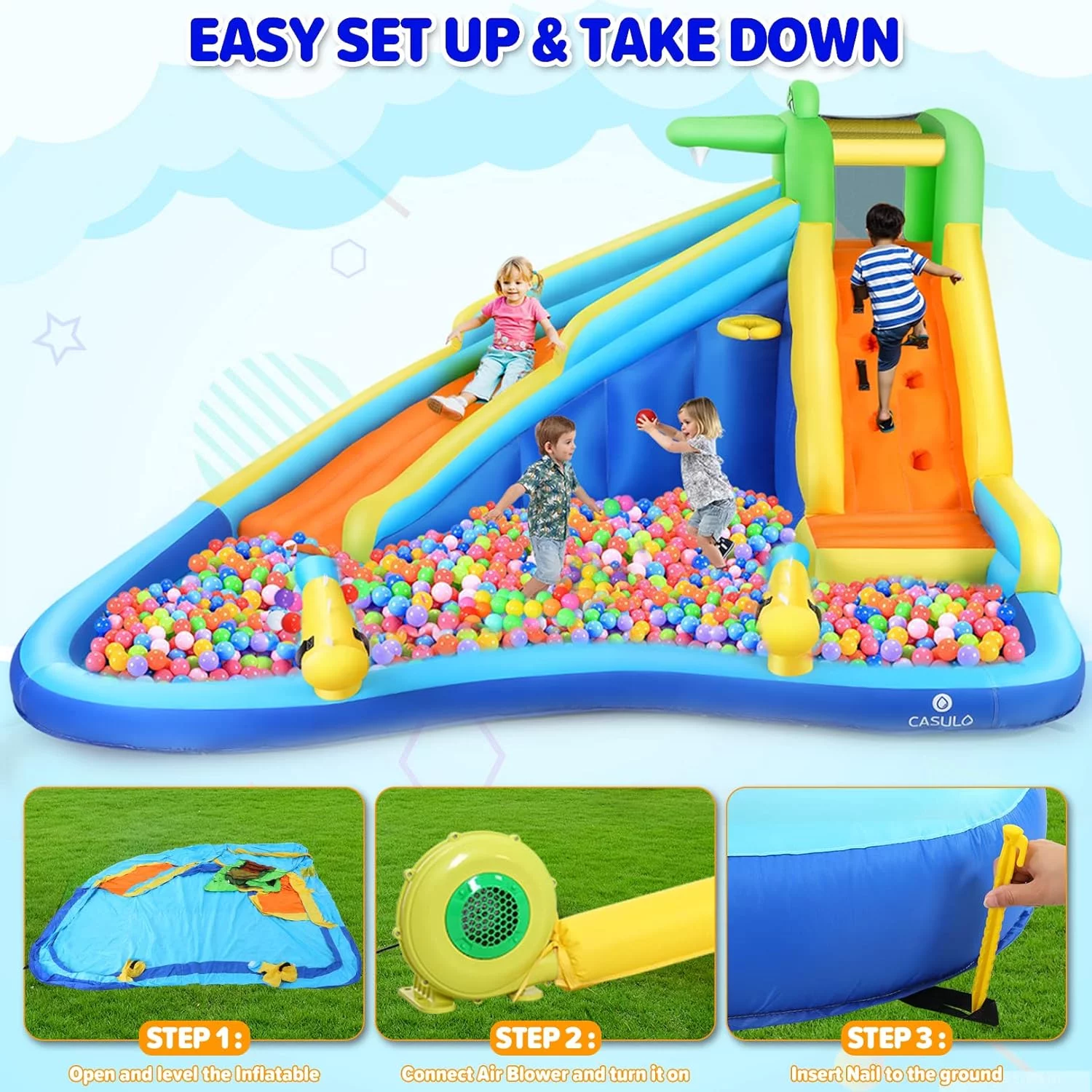 Veeboto Inflatable Water Slide, 5-in-1 Inflatable Water Park with Blower, Paddling Pool, 2 x Water Guns, Climbing Wall, Basketball Hoop, and Long Water Slide for 2-10 Years Kids