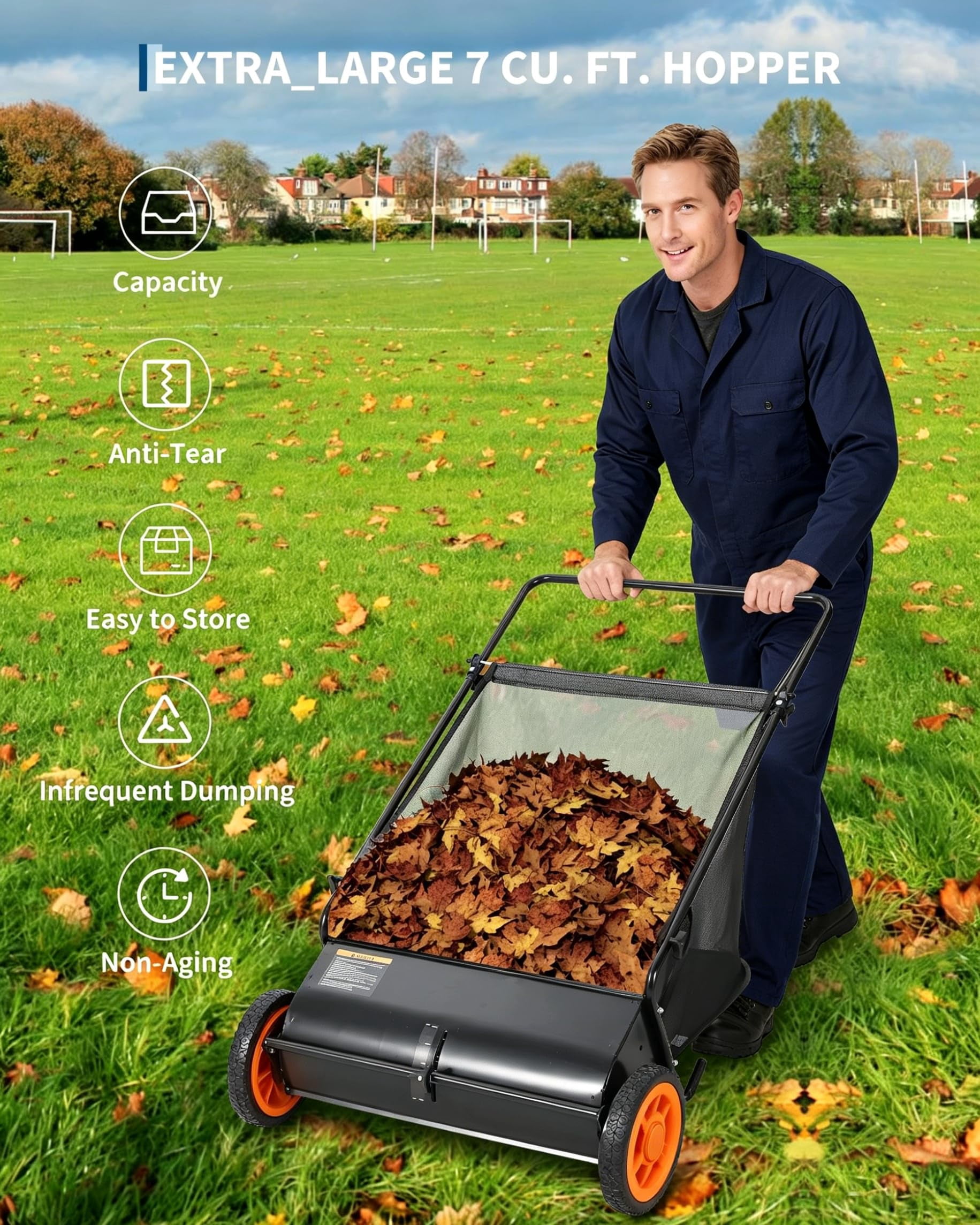 Wisykoke 26 Inch Push Lawn Sweeper with 4 Spinning Brushes, 7 Cu.ft Large Capacity Leaf Collector, Adjustable Height Grass Sweeper, All Terrain Lawn Leaf Debris Removal Tool for Yard Garden Patio