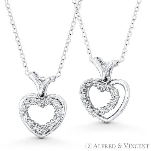 Double-Heart CZ Crystal Pave Pendant & Chain Necklace in .925 Sterling Silver w/ Rhodium