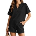 thumbnail image 2 of ZyeKqe Womens Summer Sets Button V Neck Short Sleeve Shirts Drawstring Elastic Waist Shorts Casual 2 Piece Workout Sets, 2 of 7