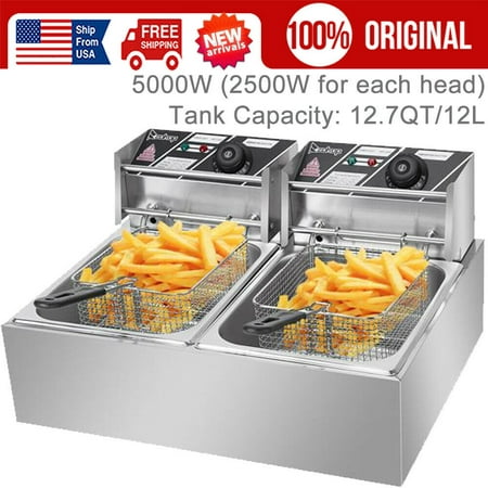 

[US IN STOCK] Stainless Steel Electric Fryer Large Professional Deep Fryer Oven for Both Home and Commercial Use 12.7QT/12L/Max 5000W Dual Tank