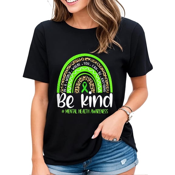 Womens T-Shirt Be Kind Mental Health Awareness Leopard Rainbow Casual Short Sleeve Tops Black Large
