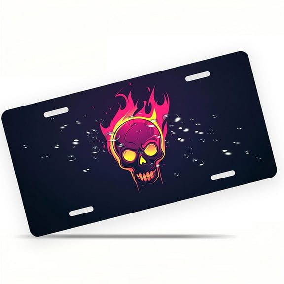 License Plate, Flaming Skull Decorative Front,Personalized Stainless Steel License Plate Cover For Men Women,12.2" X 6.2"