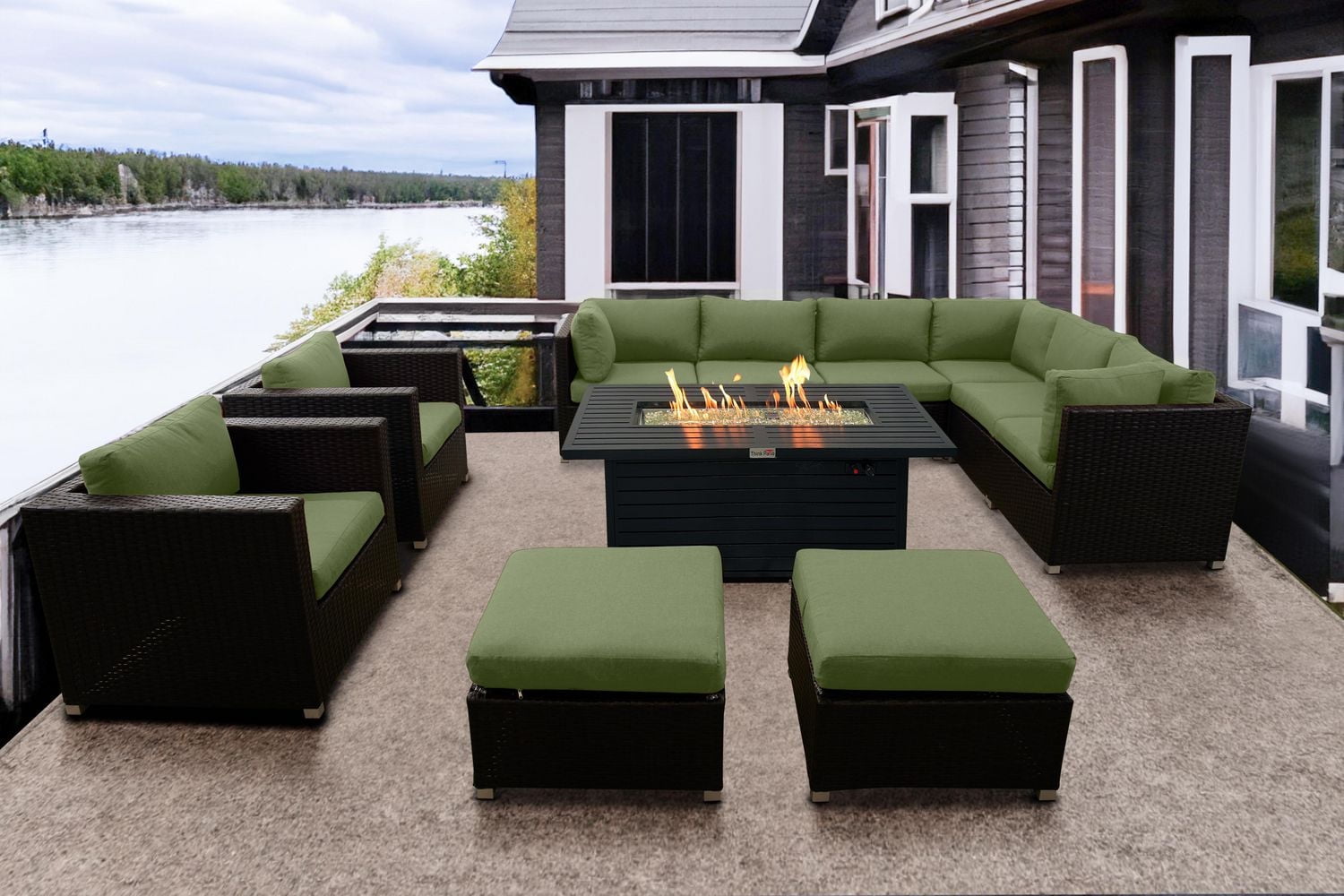 Innesbrook Collection 11-Piece Aluminum Patio Conversation Set with Green Cushions and Rectangle Fire Table