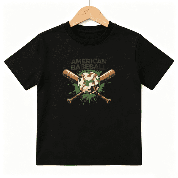 American Baseball Boys Graphic Tee, Vintage Camo Sports Bat Est 100% Cotton Kids Short Sleeve T-Shirt
