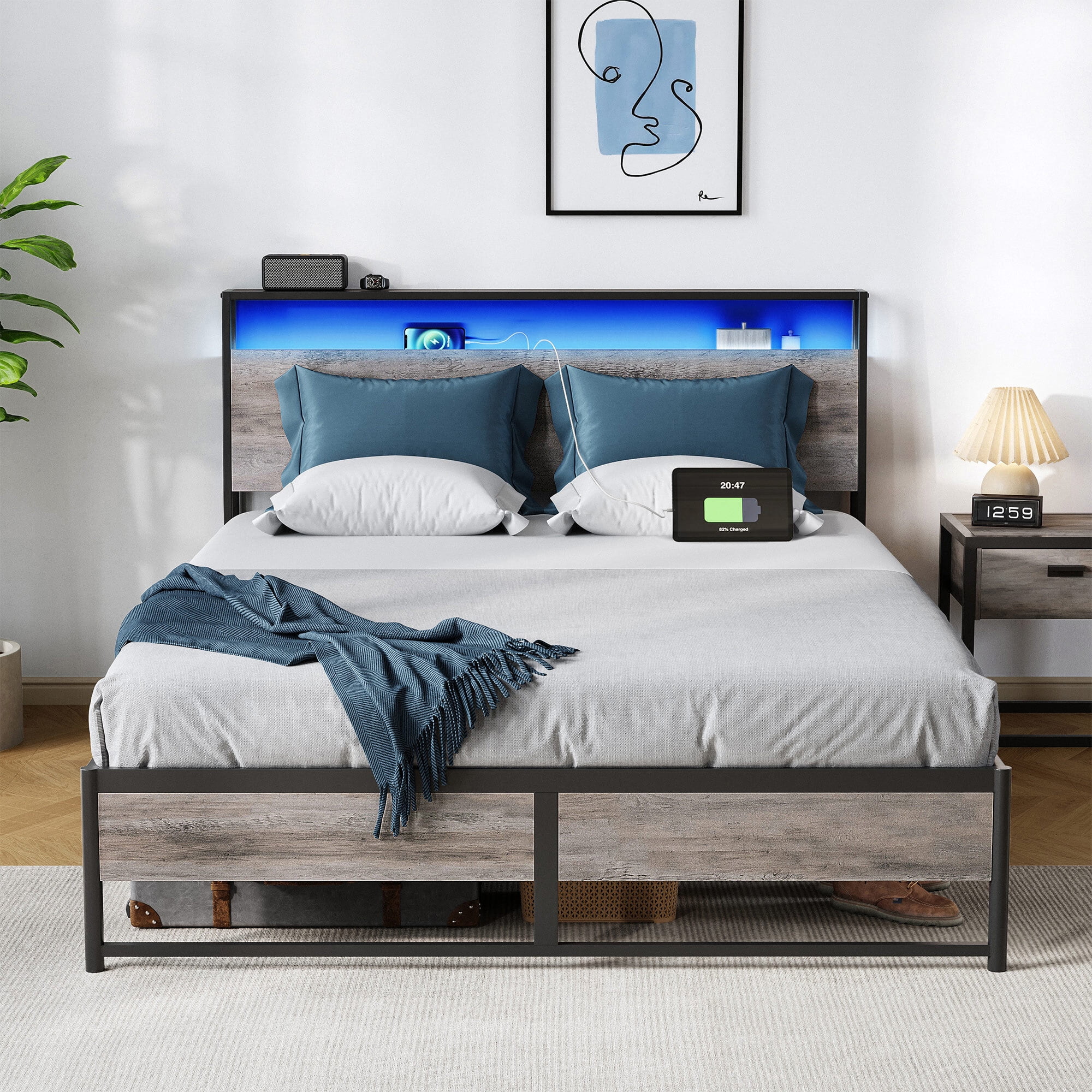 LINSY LIVING Full Size Platform Bed Frame With Headboard And 3 Storage 