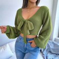 thumbnail image 3 of Women Long Sleeve Crop Front Bowknot Ribbed Knit Pullover Sweaters Fall Winter V Neck Crop Tops Pullover Green L, 3 of 8