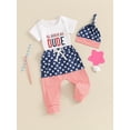 thumbnail image 2 of Niusricy 4th of July Clothes for Baby Boy 0 3M 6M 12M 18M Kids Toddler Summer Outfit Short Sleeve Romper Letter Embroidery Jumpsuit Crew Neck Tops with Stripe Pants and Hat for Independence Day, 2 of 9